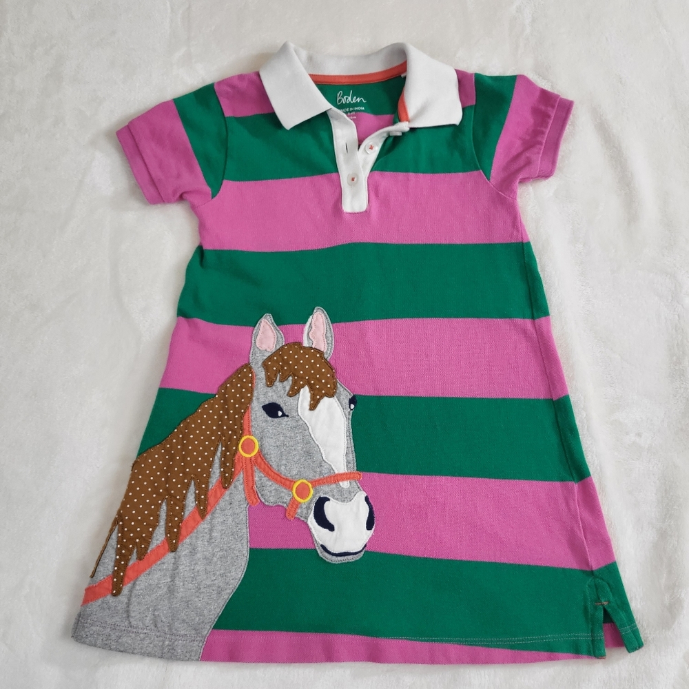 Boden Appliqué Polo Dress/ preppy/ Green Pepper/Pink Horse size 3-4y